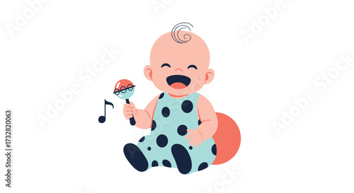 Happy baby sitting and playing with a rattle making a joyful sound.