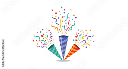 Confetti poppers explode with colorful streamers and confetti for celebration and party.
