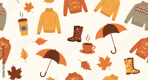 Cozy autumn sweater and umbrella pattern with hot drinks and leaves.
