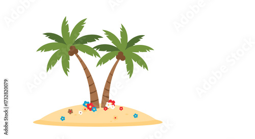 A serene tropical island with two palm trees and colorful flowers.