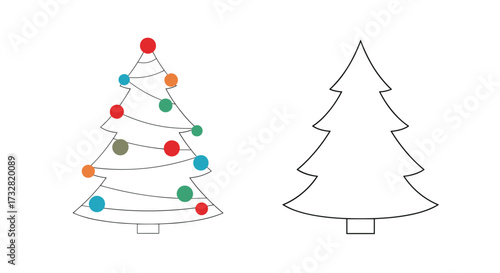 Two outlines of Christmas trees one decorated with colorful lights and the other plain.