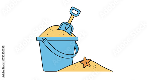A blue bucket and shovel filled with sand with a small starfish nearby.
