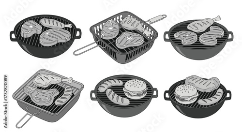 Collection of various grilled food items on different grill types.