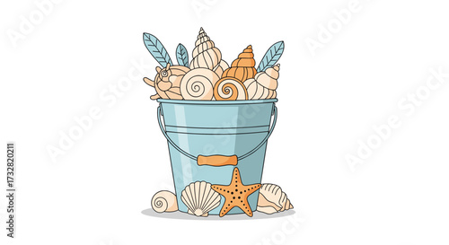 A light blue bucket filled with various seashells and feathers.