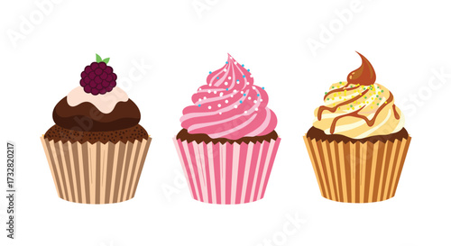 Three pixel art cupcakes with different toppings and frosting.