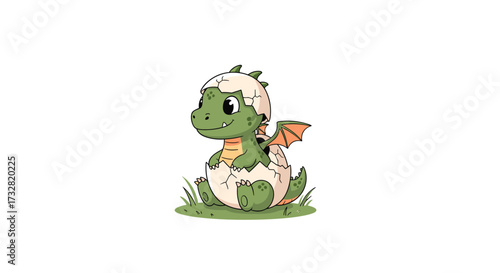 A small green dragon hatching from an egg sits on grass.