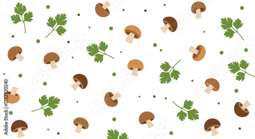 A delightful pattern of fresh mushrooms and parsley sprigs.