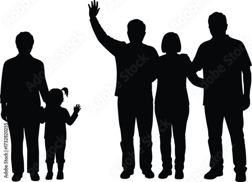 Black silhouettes of families waving and standing together — ideal for themes of togetherness, parenting, childhood, community, greeting, and family bonding concepts