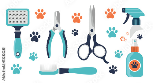 Pet grooming supplies and tools for animal care.