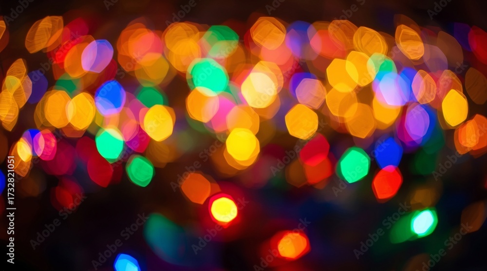 Obraz premium Colorful glowing bokeh lights in red, green, blue, yellow and pink colors on dark background, festive abstract holiday illumination creating cheerful celebration and magical night atmosphere
