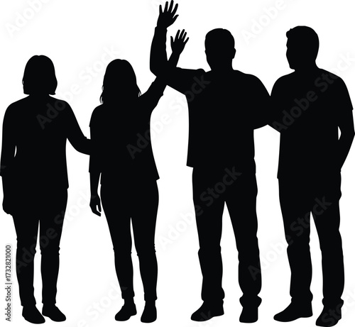 Black silhouettes of people high-fiving and standing together — perfect for teamwork, collaboration, celebration, friendship, success, and social connection themes