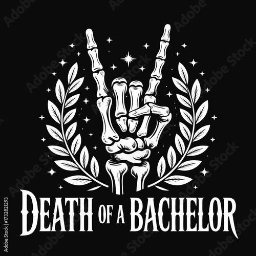 A gothic-style graphic poster featuring a centered, intricately detailed white skeleton hand powerfully making the classic rock-and-roll hand gesture