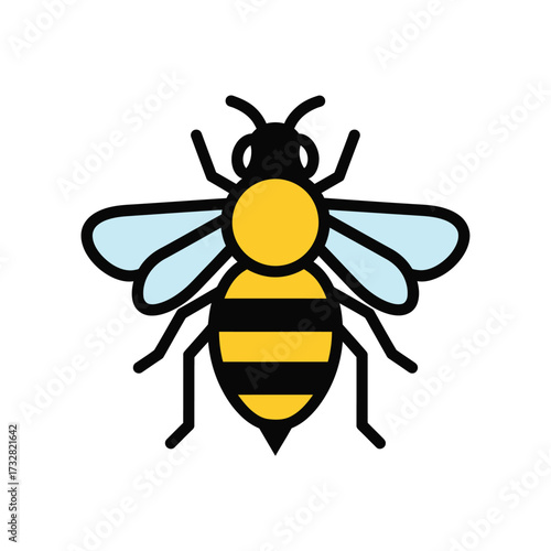 Stylized yellow and black striped insect with translucent wings isolated on white background
