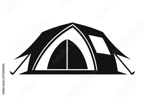 A black and white tent is shown in a camping area outdoors