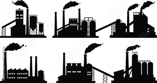 Industrial factory silhouette, heavy industry plant, machinery, smokestacks, conveyor belts, workers, storage tanks, production facility, architecture, cad drawing flat vector illustration