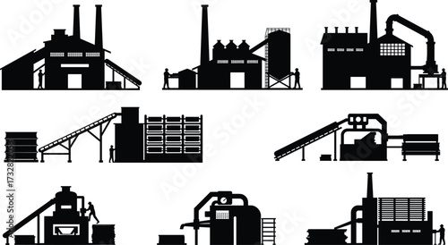 Industrial factory silhouette, manufacturing plant, heavy industry, machinery, conveyor belts, smokestacks, workers, storage tanks, production facility, cad drawing flat vector illustration