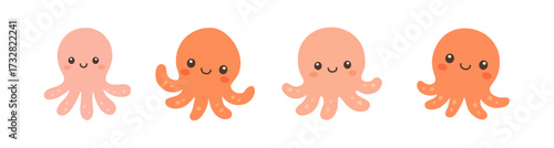 Cartoon octopus set. Marine animals with smiling faces for ocean themes