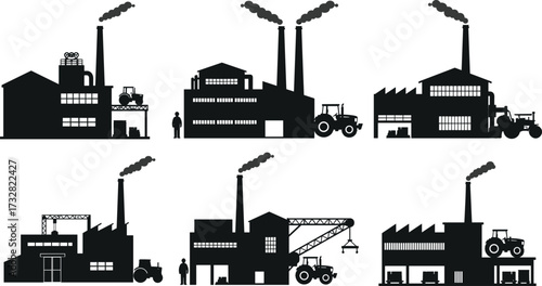 Industrial factory silhouette vector set, black manufacturing plant icons, chimneys with smoke, cranes, forklifts, tractors, storage tanks, workers, heavy industry machinery