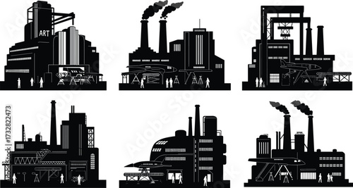 Industrial factory silhouette vector set, black manufacturing plant icons, chimneys with smoke, storage tanks, cranes, forklifts, workers, industrial architecture, heavy industry design