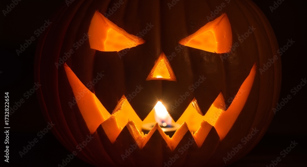 Fototapeta premium Eerily glowing jack-o'-lantern with a spooky carved face in darkness