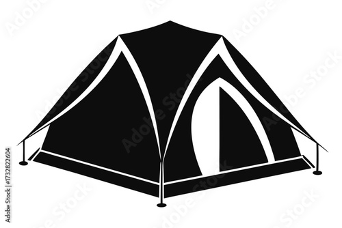 A solitary black camping tent stands ready for adventure with its simple monochrome design