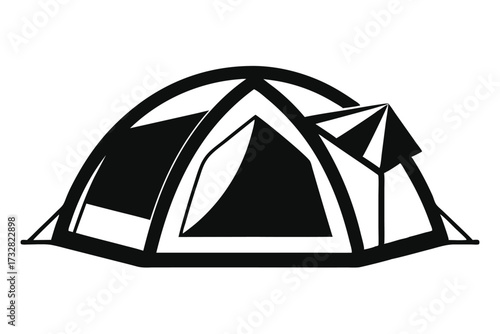 Black and white shows a tent with a triangular rainfly for camping