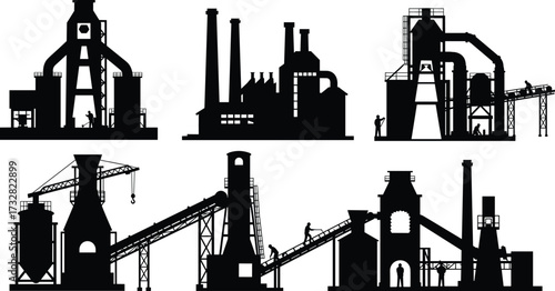 Industrial factory vector illustration, manufacturing plant silhouette, smoke chimney, refinery building, heavy industry, warehouse