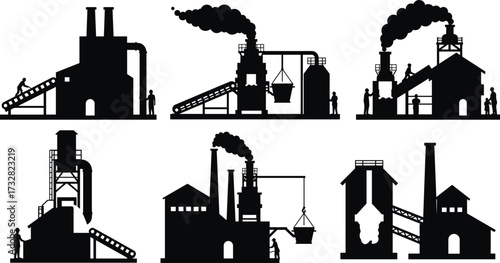 Industrial factory silhouette vector illustration, manufacturing plant icons with smokestacks, conveyor belts