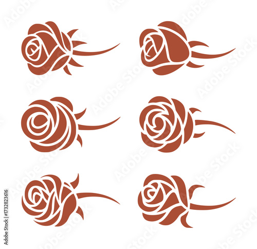 Six stylized brown rose icons with stems and thorns on a white background