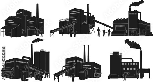 Industrial building silhouette, factory plant vector, refinery infrastructure, power station facility, heavy industry design, human figure scale, cad drawing flat vector illustration