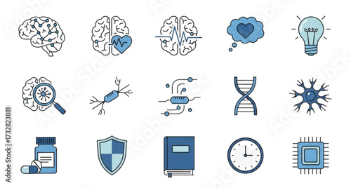 Illustration showing human brain, dna, cells, medicine, time, and technology related to health and science
