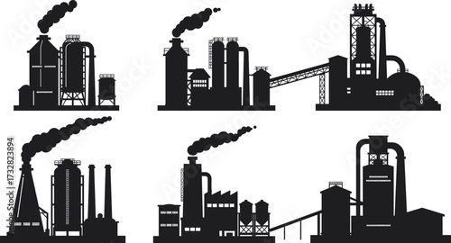 Industrial factory silhouette, manufacturing plant vector, refinery illustration, energy production facility, heavy industry design, pollution concept, cad drawing flat vector illustration