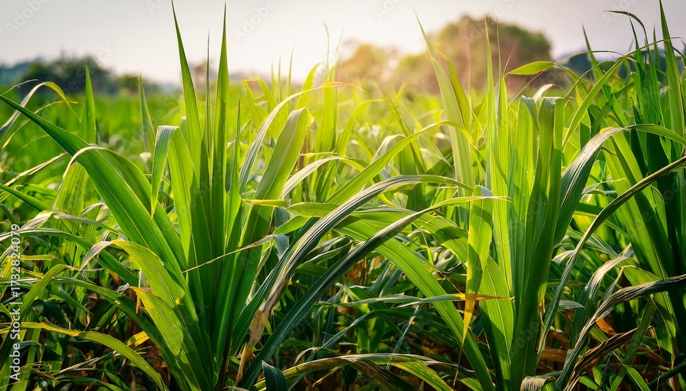 Obraz premium Close Up Of Vibrant Green Sugarcane Plants With Strong Tall Stalks Illuminated By Soft Sunlight In Lush Field Background Scene