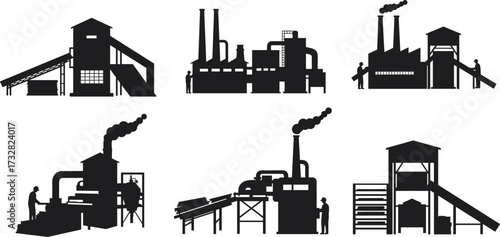 Industrial factory silhouette, manufacturing plant vector, refinery building illustration, power station design, heavy industry facility, smoke chimney icon, worker machinery, conveyor belt