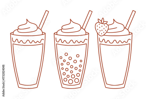 Three Delicious Drinks with Whipped Cream and Straws, One with Strawberry