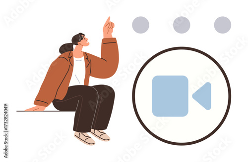 Woman in casual outfit gesturing with finger near video camera icon and floating dots. Ideal for creativity, brainstorming, media, video communication, technology, content creation, self-expression