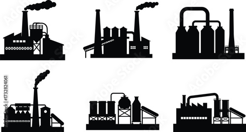 Industrial factory silhouette, manufacturing plant vector, refinery building illustration, power station design, heavy industry facility, smoke chimney icon, worker machinery, cooling tower