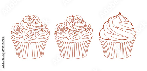 Three stylized line art cupcakes with decorative frosting, isolated on white