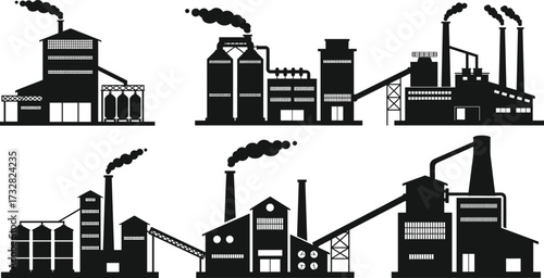 Industrial factory silhouette, manufacturing plant vector, refinery building illustration, power station design, heavy industry facility, smoke chimney icon, worker machinery, storage tanks