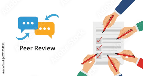 Peer review concept showing hands marking a document with chat bubbles and arrows on white background