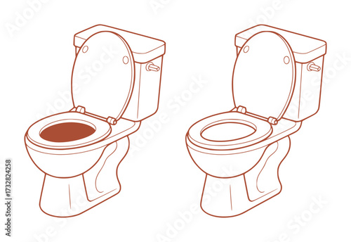 Two Toilets with Open Seats, One with Water, Isolated on White Background