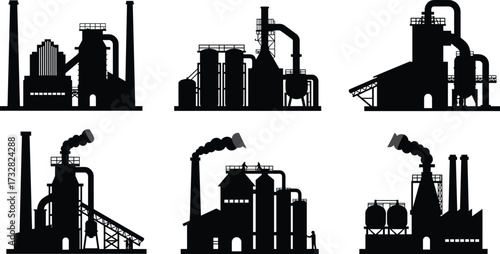 Industrial factory silhouettes, refinery plant vector, power station design, warehouse structure, heavy industry, machinery, engineering