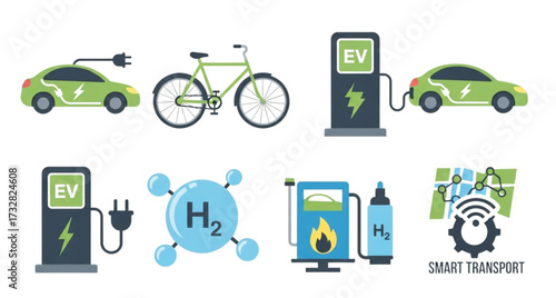 Illustration showing various eco friendly transportation methods including electric vehicles and hydrogen fuel cells