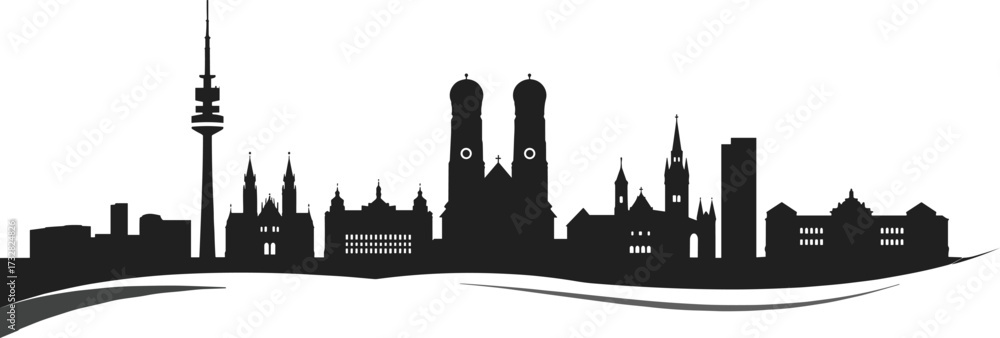 Naklejka premium Munich city skyline silhouette, famous German landmarks, architectural cityscape vector, travel tourism design, urban skyline illustration for print, web, and branding