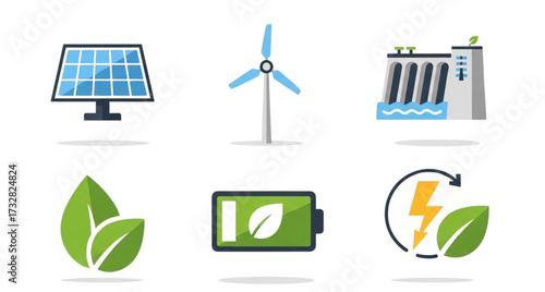 Illustration showing various renewable energy sources including solar wind hydroelectric and green energy icons