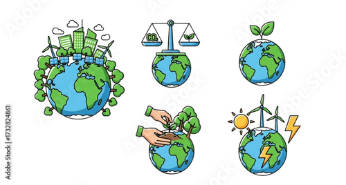 Illustrations depicting ecological balance and renewable energy sources on planet earth and conservation efforts