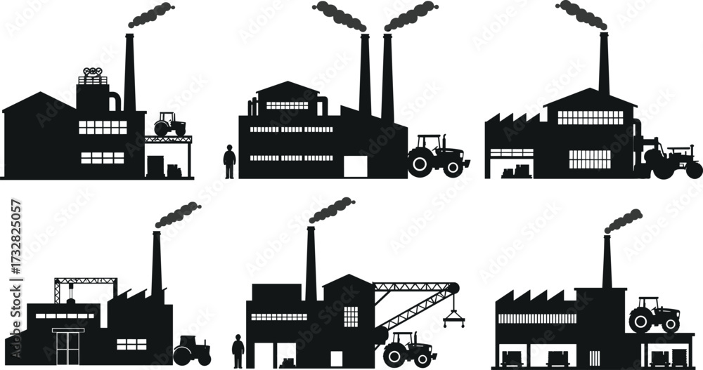Obraz premium Industrial building silhouette vector illustration, factories with smokestacks and machinery, tractors and workers, heavy industry production, manufacturing plant design, black isolated graphic