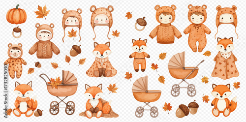 Watercolor autumn baby and fox illustrations with strollers, pumpkins, acorns, and fall leaves, perfect for seasonal designs.