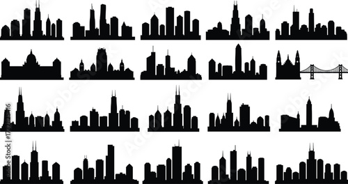 Set of black city skyline silhouette collection with skyscrapers, urban buildings, famous landmarks, modern architecture, vector illustration for metropolitan cityscape and background design