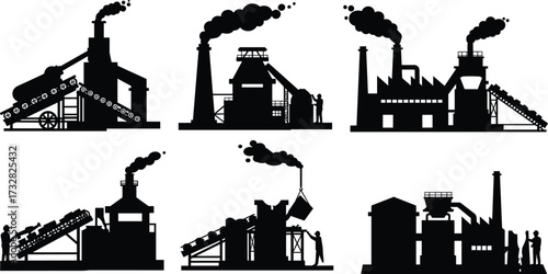 Industrial factory silhouette vector illustration, manufacturing plant with workers and machinery, smokestacks and conveyor belts, heavy industry production, black isolated design